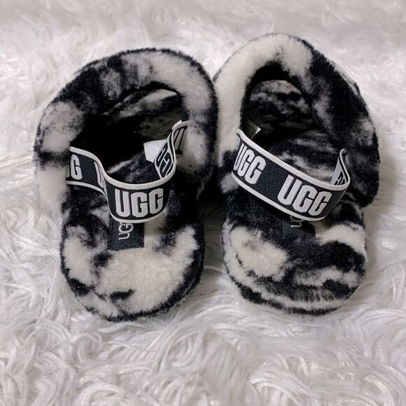 UGG shearling sandals black/white elastic straps women sz 6-see meas - Picture 3 of 12